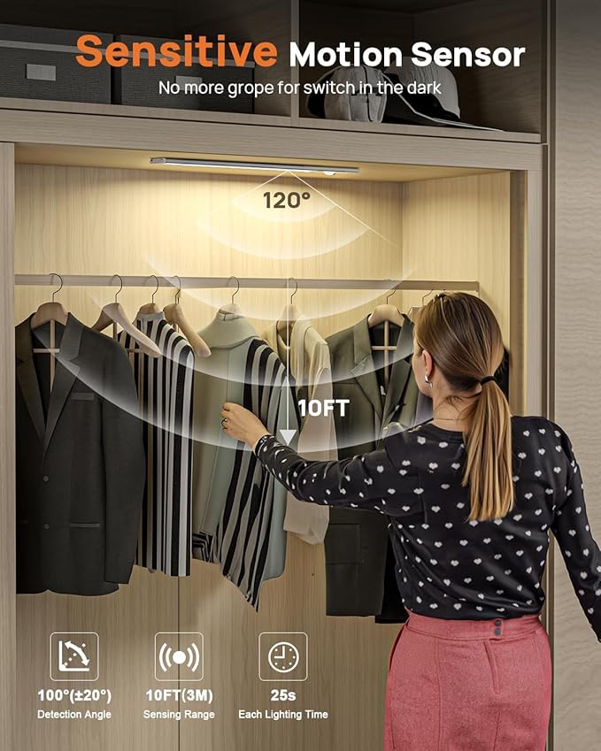 Under Cabinet Lights,80 LED Motion Sensor Light Indoor,4000mAh USB Rechargeable Closet Lights with Remote Control,3 Color Temps Wireless Under Counter Lights for Bedroom,Kitchen,Stairs,5 Pack