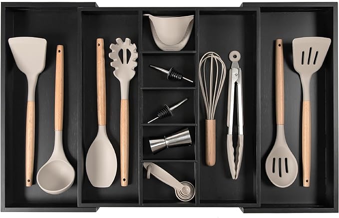 Adjustable Kitchen Drawer Organizer for Utensils and Junk, Food-Safe Contract Grade with 100% Sustainable Wood, Expandable from 16 to 28 Inches Wide - Black Bamboo