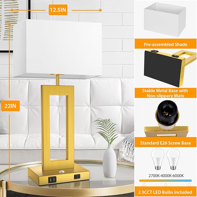 22ββ Touch Control Table Lamps Set of 2, 3 Color Temperatures Bedroom Bedside Lamps, Modern Gold Dimmable Lamps with USB Ports & AC Outlet, Tall Living Room Lamps for Nightstand End Table, 2 Bulbs
