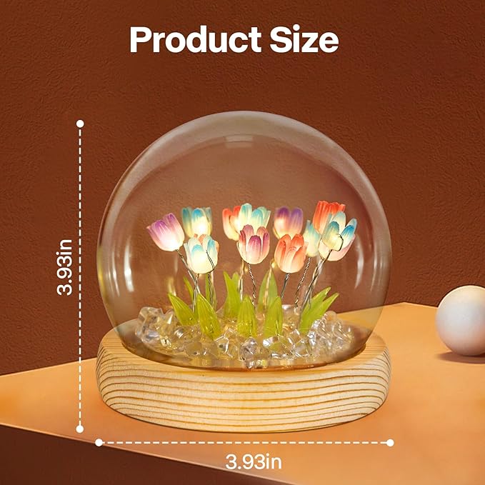 ONXE Birthday Flower Gifts for Mom,Tulips Night Light Small Glass Flower Lamp with Wooden Base for Home Decor Romantic Unique Christmas Gift for Women Girlfriend Sister Grandma Wife Her