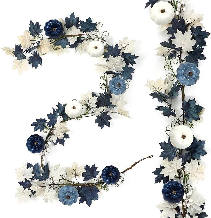 Zeyune 6ft Fall Blue Garland Decor Long Thanksgiving Garland with Pumpkin Autumn Maple Leaves White and Blue Pumpkins Wreath Hanging Rustic Decor for Front Door Kitchen Fireplace Home Indoor Outdoor