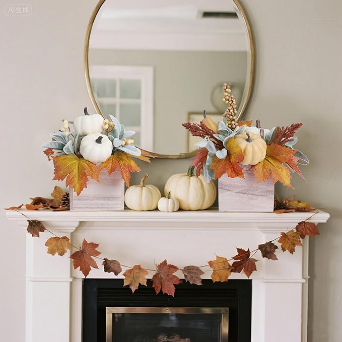 winemana 2 Pack Fall Decorations for Home - Artificial Pumpkin, Gourd, Berries & Leaves in Wood Vase | Autumn Table Centerpiece for Dining, Mantel, Indoors