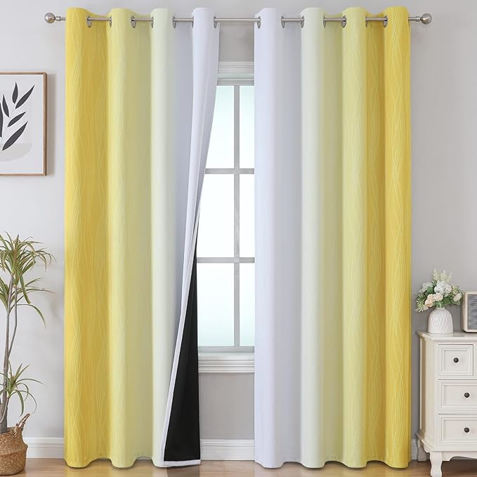 Estelar Textiler Ombre Yellow and Greyish White Blackout Curtains 96 Inches Long for Sliding Door, Gradient Thermal Insulated Full Light Blocking Grommet Blackout Drapes for Bedroom, 52Wx96L, 2 Panels