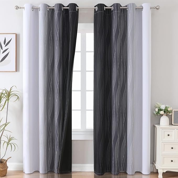Estelar Textiler Black and Greyish White Ombre Blackout Curtains 90 Inch Length 2 Panels Set, Thermal Insulated Drapes for Bedroom,Full Room Darkening Grommet Gradient Curtains for Living Room,52Wx90L
