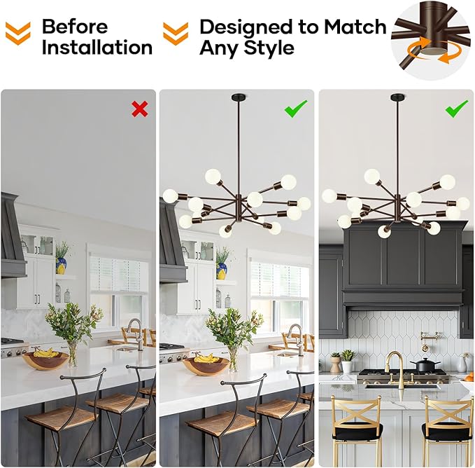 Sputnik Chandeliers Dining Room Light Fixture (12-Light, 33-Inch), Modern Brown and Gold Chandelier, Height Adjustable Mid Century Modern Chandeliers for Dining Room Kitchen Bedroom