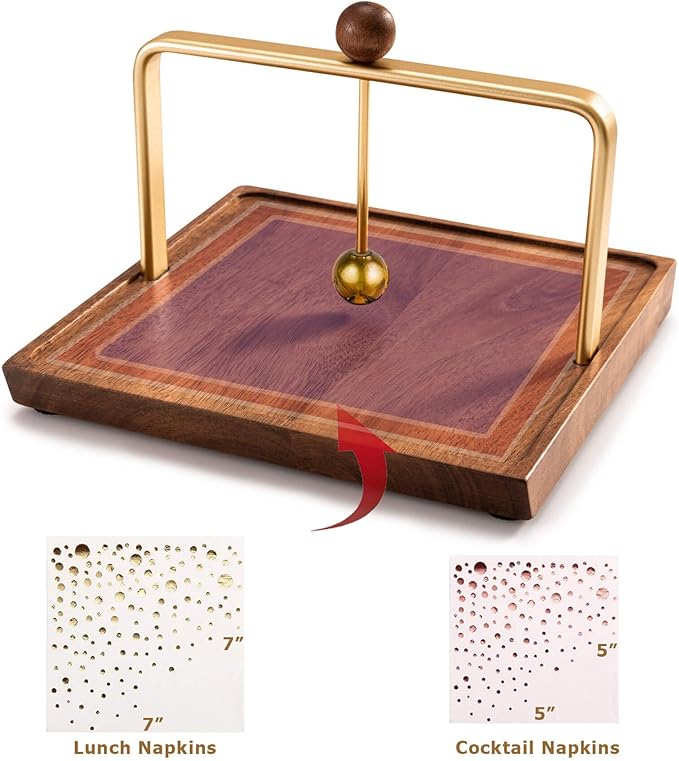 Wood Napkin Holder for Table, Square Tabletop Napkin Dispenser with Sophisticatedly Metal Center Bar, Cocktail Napkin Holder for Home, Kitchen, Office, Restaurant, Hotel, Cafe, Bar