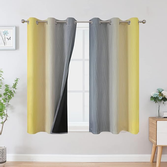 Ombre Gray and Yellow Blackout Curtains 45 Inch Length 2 panels, Full Room Darkening Curtains for Kids Room, Grommet Thermal Insulated Gradient Drapes, Light Blocking Curtains for Bedroom, 42x45 Inch