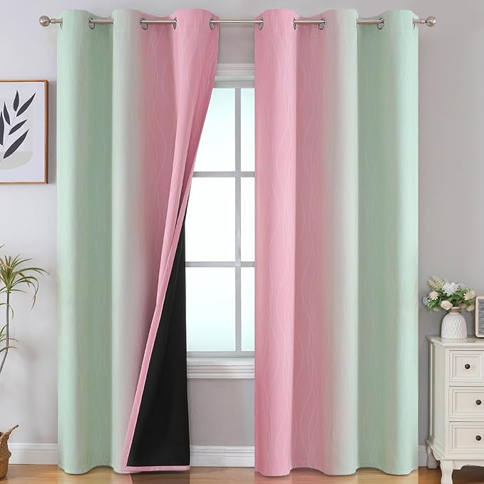 Estelar Textiler Sage Green and Pink Room Darkening Blackout Curtains 84 Inch Length 2 Panels Set for Living Room, Thermal Insulated Ombre Light Blocking Grommet Blackout Drapes for Bedroom, 42Wx84L