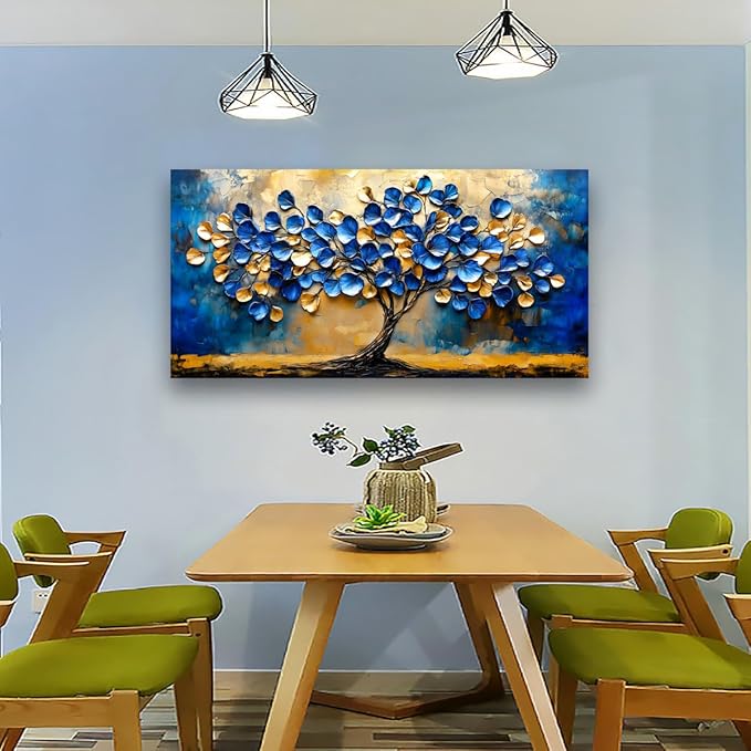 Abstract Tree Canvas Wall Art Bedroom Wall Decor Living Room,Blue and Gold Leaf Wall Art Office Paintings Artwork Modern Ginkgo Tree Leaves Pictures Art Prints Waterproof Ready to Hang-20x40inch