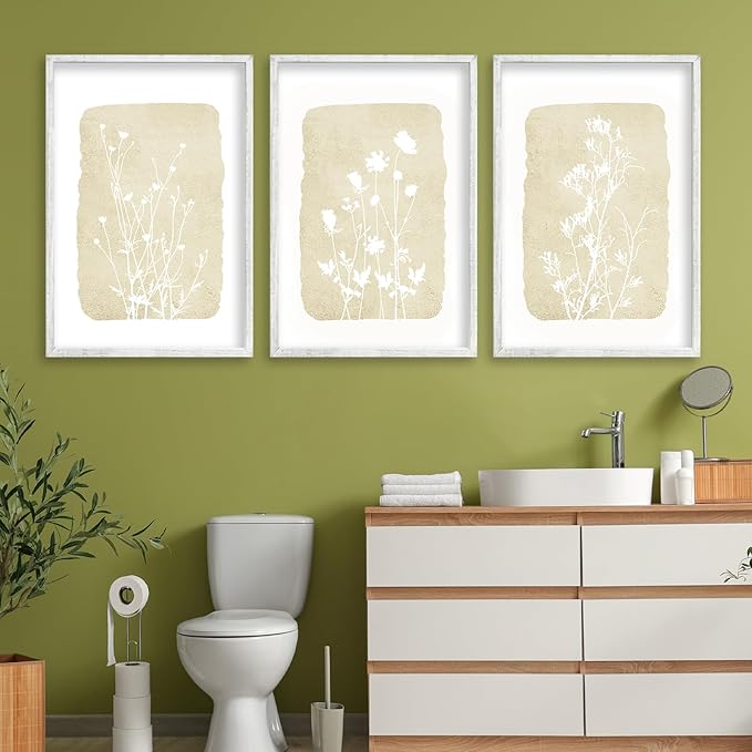 Wildflower Floral Botanical Wall Art Decor 24x16 Inch 3 Piece Boho Plant Wooden Framed Sign Rustic Farmhouse Home Office Relax Illustrations Neutra Minimalist Living Room Wall Hanging (White)