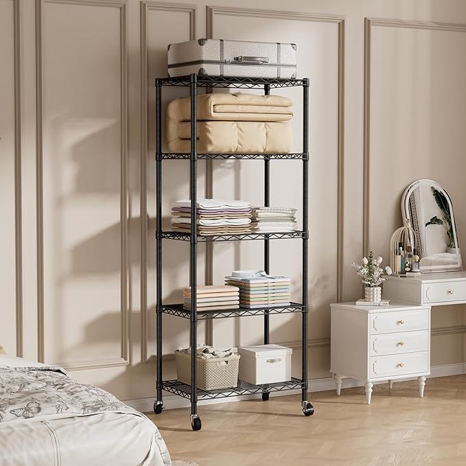 SINGAYE 5 Shelves Storage Shelf Wire Closet Bathroom Organizers Metal Pantry Kitchen Garage Shelving Unit Laundry Room Organization Home Rack Net Basket Black with Wheels