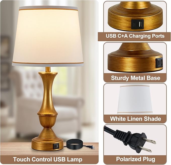 Luvkczc Gold Touch Table Lamps Set of 2, 22" Bedside Lamps with USB C+A Ports, 3 Way Dimmable Nightstand Lamps with White Lampshade,Table Lamps for Bedroom Living Room Bedroom Office, Bulbs Included