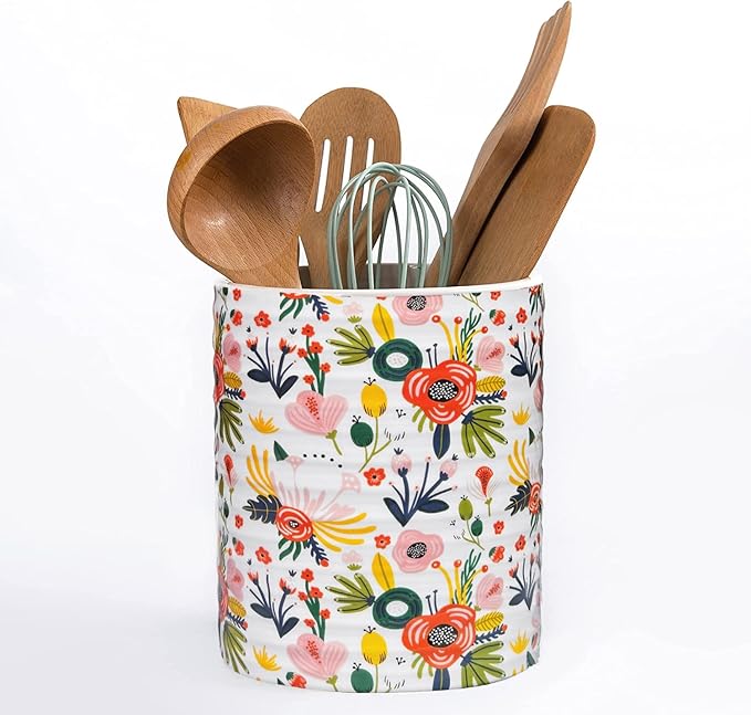 Kitchen Utensil Holder,7.2″Extra Large Stable Garden Floral Pattern Ceramic Utensil Crock,Flower Utensil Organizer for Countertop,Kitchen Decor,Utensil Holder for Housewarming,Wedding Gift
