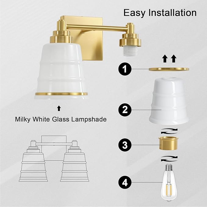 Gold Bathroom Vanity Light Fixture, 2 Light Bathroom Light Fixtures Over Mirror with Milky White Glass and Metal Base Wall Sconce,13.4 inch Modern Vanity Light for Bathroom (Exclude E26 Bulb)