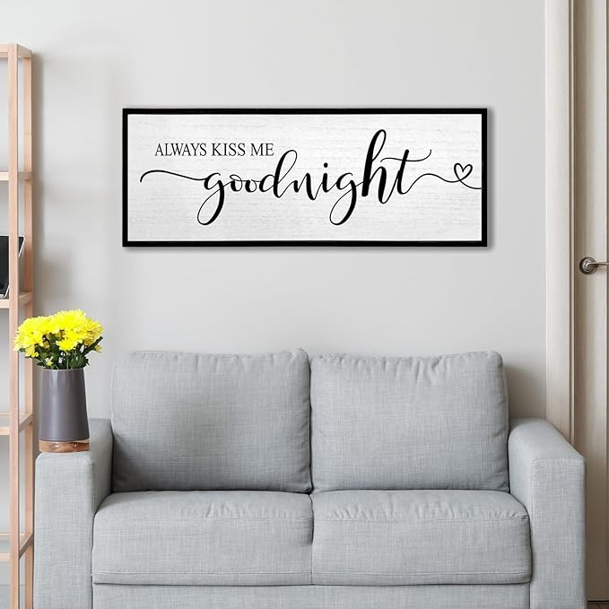 Always Kiss Me Goodnight Wall Sign 40''×15'' Vintage Master Bedroom Above Bed Farmhouse Wooden Framed Family Wall Decor for Larg Couples Over Bed Wall Art Decoration (Black)