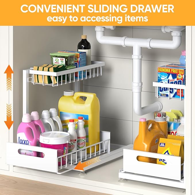 Under Sink Organizer Storage 2-Tier Premium Metal Pull-Out Racks, Height Adjustable, Easy Installation | Kitchen & Bathroom Organizers Pack of 1 White