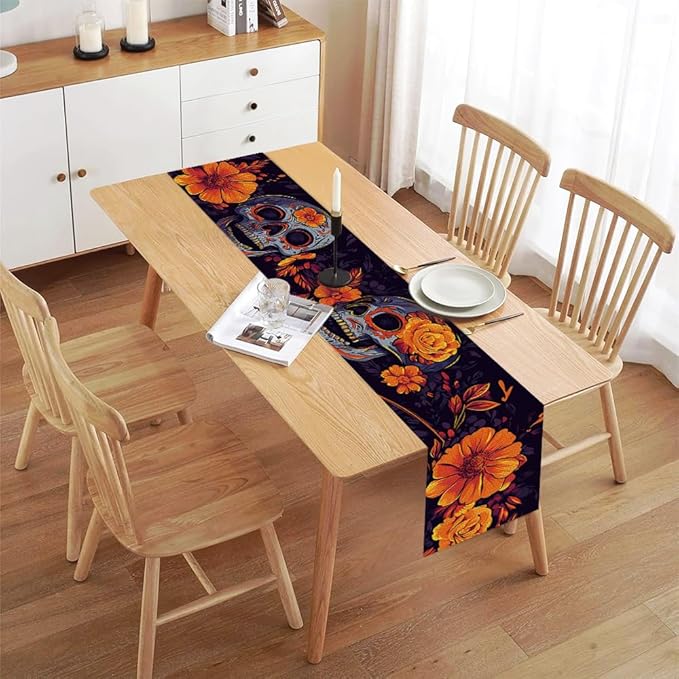 ANNA QUEEN Skull Flower Halloween Table Runner 13 x 72 Inch for Dining Table, Table Runner for Fall Dining Decor Indoor Outdoor Party Home Table Halloween Decoration