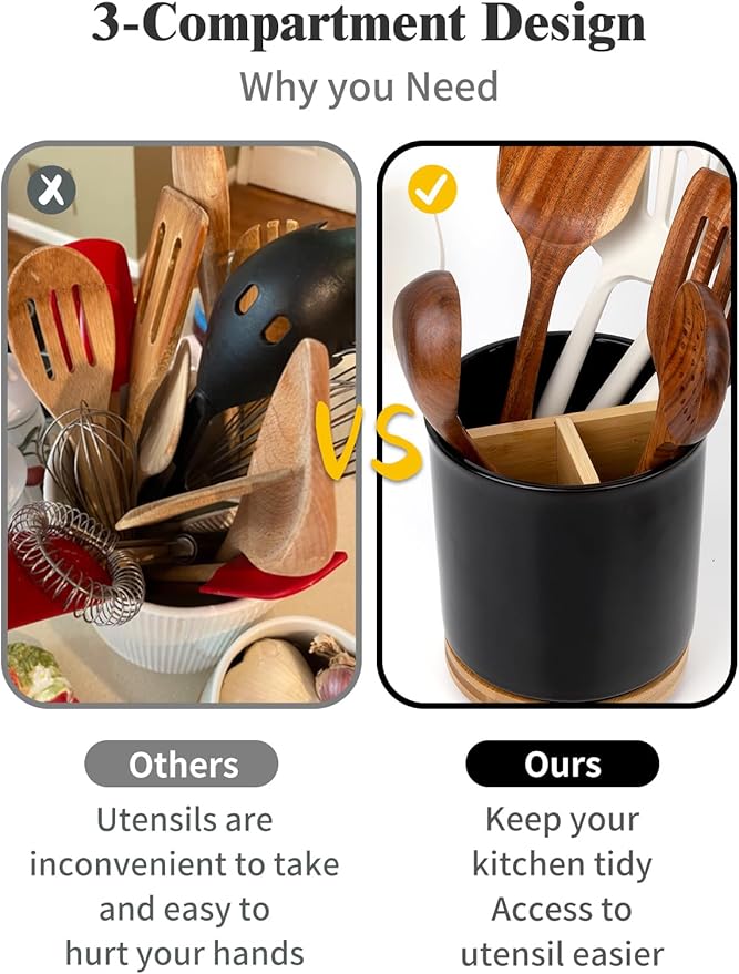 LoeJan 3 Compartment Utensil Holder, Extra Large Utensil Crock, Stable Ceramic Utensil Organizer, Cooking Tool Organizer Set for Kitchen Counter Farmhouse Decor (D-Black(Grossy))