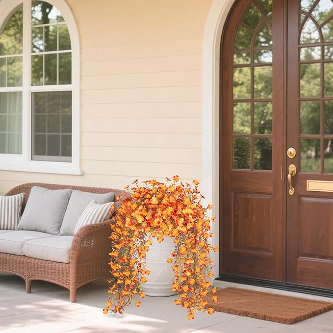 Agusbagli 4 Pcs Fake Hanging Fall Flowers for Outdoors UV Resistant Artificial Hanging Fall Eucalyptus Plants Faux Fall Flowers Decorations for Home Planter Porch Patio Garden Yard Window Fall Decor