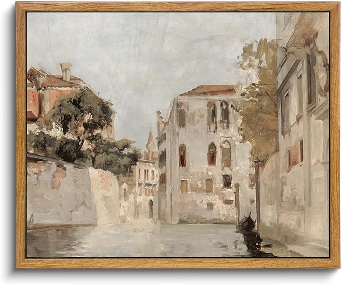 KBKBART Vintage Wall Art, Retro Neutral Italy Wall Art Framed Canvas Art Prints Venice Canva Painting Farmhouse Decor, Rustic Impressionism Scenic Landscape Wall Decor for Bathroom, Bedroom Living Room, Vintage Wall Decor(16"x24")