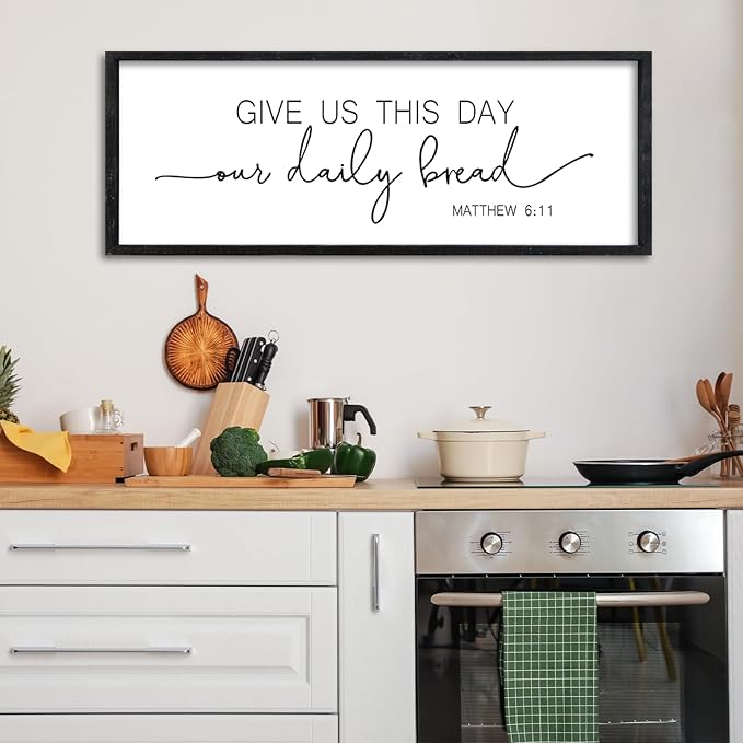 Surfapans Kitchen Wall Decor Give Us This Day Our Daily Bread Sign 32"x12" Scripture Matthew 6 11 Bible Verse Christian Dining Room Large Wood Plaque Framed Rustic Farmhouse Hanging Art (Black