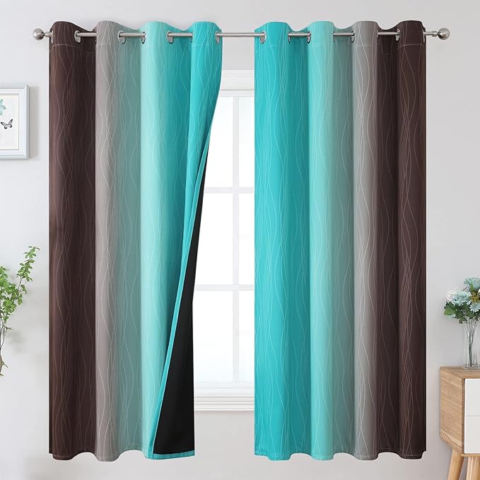 Estelar Textiler Brown and Teal Ombre Blackout Curtains 63 Inches Long for Kids Room, Thermal Insulated Gradient Full Light Blocking Grommet Blackout Drapes for Bedroom, 52Wx63L, 2 Panels