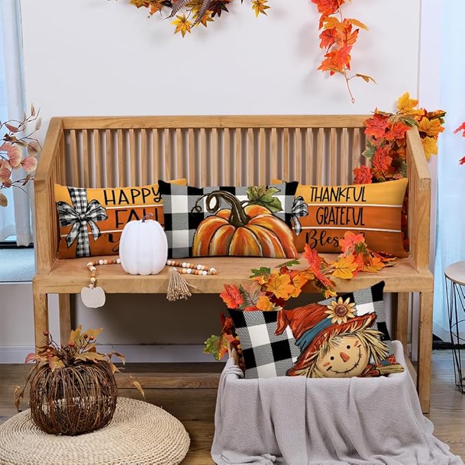 GEEORY Fall Throw Pillow Covers 12x20 Inch Set of 4, Pumpkin Scarecrow Buffalo Plaid Orange Autumn Seasonal Decorative Farmhouse Decoration for Home G563-12