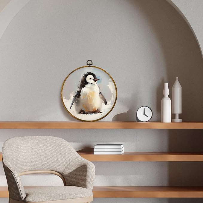 CUANFDDSF Christmas Winter Penguin Round Wall Art Decor, Rustic Winter Penguin Wall Hanging Frame Decor, Farmhouse Christmas Animal Canvas Prints Decorations for Home Bedroom Living Room, 10x10 Inch