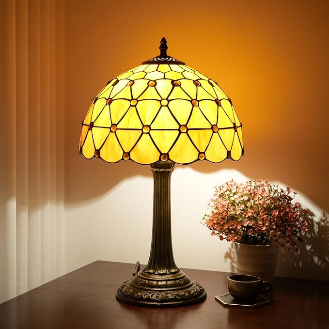 Tiffany Style Stained Glass Table Lamp Handmade Orange Tea Beads 12 Inch Warm Light Bedside Lamp For Bedroom Dorm Offee Shop Reading Study Home Decor Art Gift Retro Atmosphere Lighting Nightstand Lamp