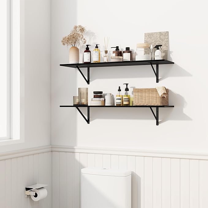 Fun Memories Deep Floating Shelves for Wall, 48W x 8D Wall Mounted Shelves Set of 2, Wide Display Ledge Shelf with Sturdy Metal Brackets for Living Room, Bathroom, Bedroom and Kitchen, Black