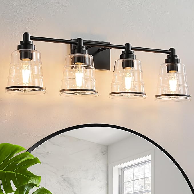 Black Bathroom Vanity Light Fixture, 4 Light Bathroom Light Fixtures Over Mirror with Clear Glass Shade and Metal Base Wall Sconce, 29.1 inch Modern Vanity Light for Bathroom(Exclude E26 Bulb)