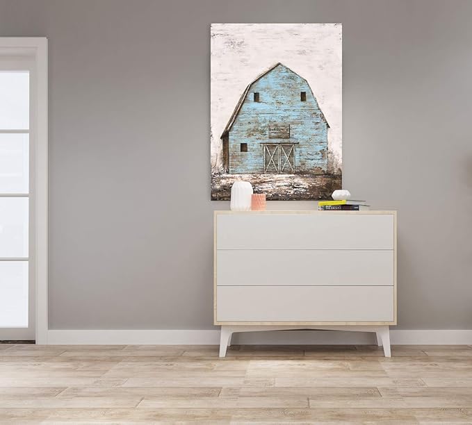 Yihui Arts Modern Abstract Farmhouse Wall Art Hand Painted Teal and Blue Barn Painting Pictures for Living Room Decoration