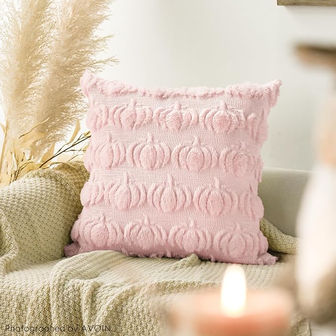 AVOIN colorlife Fall Pumpkin Pink Throw Pillow Covers, 20 x 20 Inch Seasonal Autumn Thanksgiving Harvest Decoration Soft Plush Faux Fur Jacquard Cushion Case Decoration for Sofa Couch Set of 2