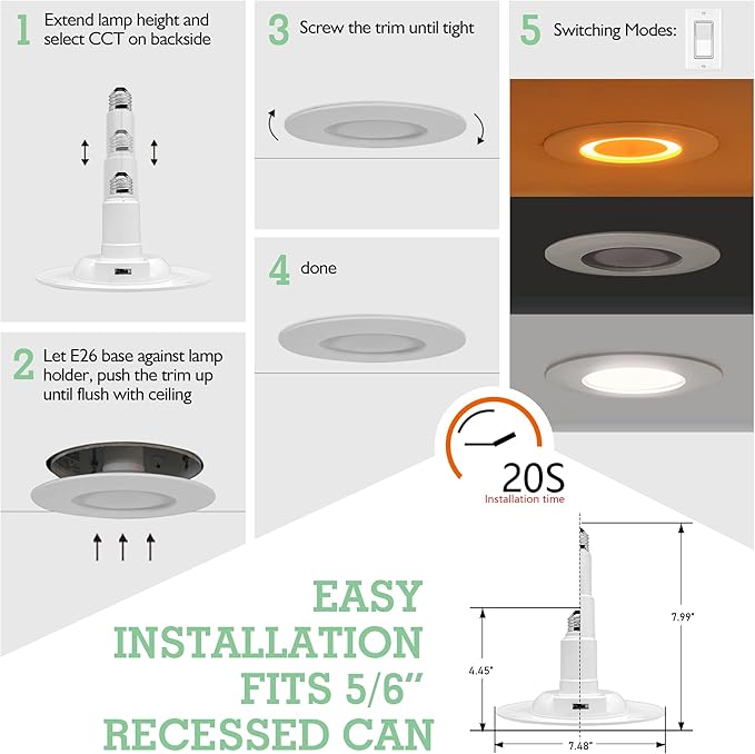 Soliseed 5/6 Inch LED Recessed Lighting with Night Light,5CCT Selectable 2700K-5000K Retrofit Downlight,12W=60W,800LM,Dimmable LED Replacement Can Lights,Easy Install,E26,6 Pack