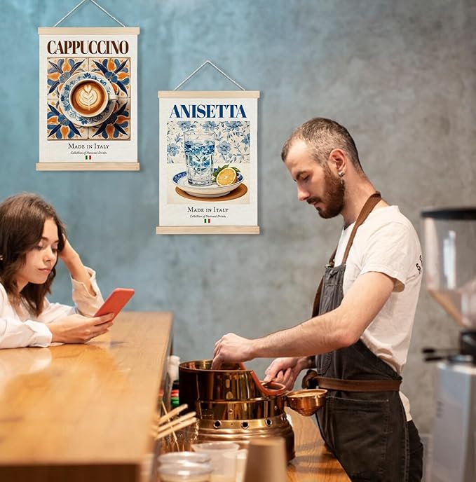 Yomisex Italy Cappuccino Anisetta Wall Art Poster, Traditional Italian Drinks on Maiolica Tiles Canvas Prints Wall Art Framed for Kitchen Coffee and Wine Bar Decor, 12x16 Inch Set of 2