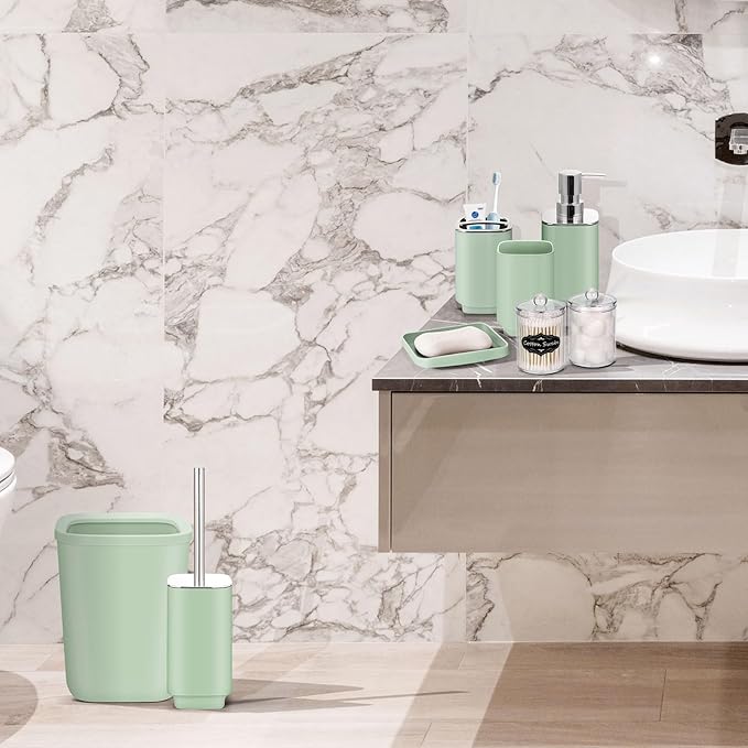 IMAVO Bathroom Accessories Set,Green Bathroom Set,9 Pieces Bathroom Accessory Set,Qtip Holders,Trash Can for Bathroom Décor and Home Gifts