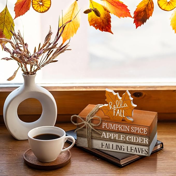 4 Pcs Fall Decorations for Home Fall Tiered Tray Decor Thanksgiving Wood Book Stack with Sign Autumn Stacked Book Decor Bundle for Office Table Shelf Decorative Trays(Maple Leaf)