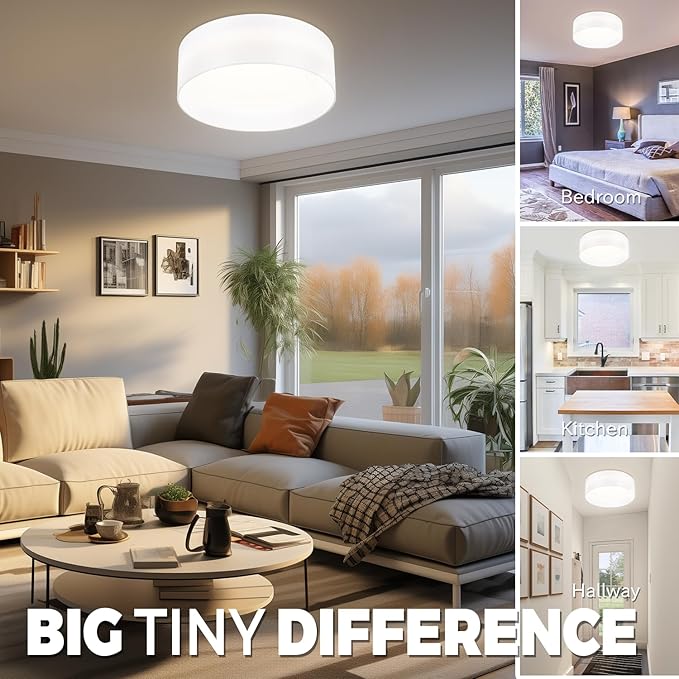 Hamilyeah Flush Mount Ceiling Light Set of 2, Drum Ceiling Light Fixtures with White Fabric Shade, 24W LED Light Fixtures Ceiling Mount 5CCT, Dimmable Close to Ceiling Light Fixtures for Bedroom