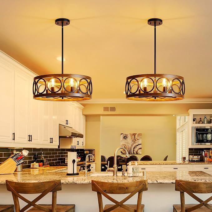 XINGQI Dining Room Chandelier 5-Light Black Modern Chandelier 21.7'' Farmhouse Drum Pendant Light Fixture for Living Room Kitchen Island Bedroom Office with Wood Grain Finish