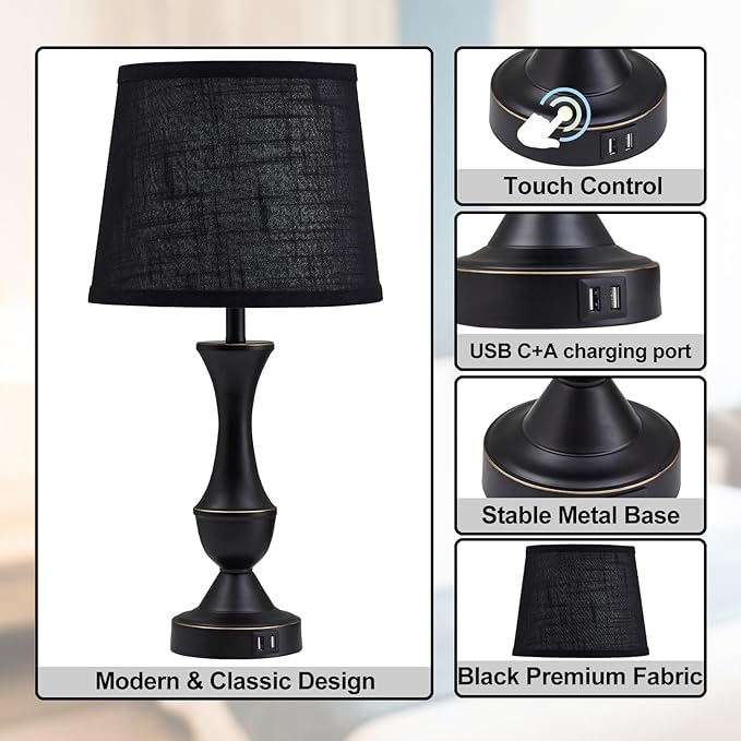 Luvkczc Black Touch Table Lamps Set of 2, 22" Tall Bedside Lamps with USB C+A Charging Ports, Nightstand Lamps for for Bedroom, Living Room, Office, with Black Lampshade, LED Bulb Included