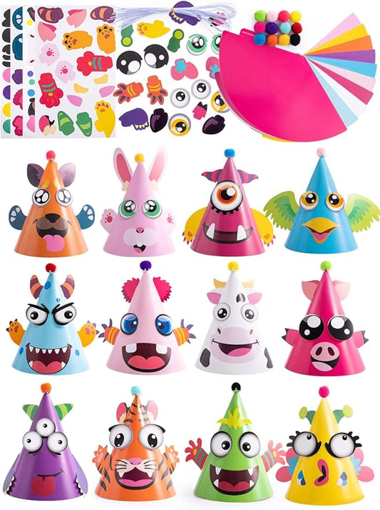 JOYIN 12 Sets Party Hats for Kids Birthday Party Games Craft Activities, Cute Animal Theme Birthday Hats Activity Kits with Stickers for Kids Holiday Theme Party Favors Easter Decoration