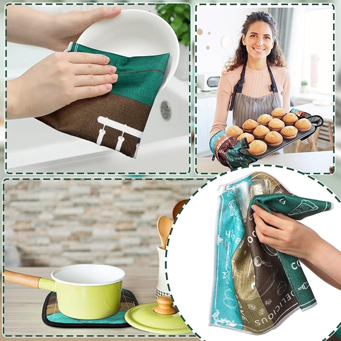 10 Pcs Farmhouse Kitchen Decor Sets, 4 Green Kitchen Dish Towels 2 Teal Pot Holders 2 Oven Mitts Glove Brown Rustic Non Slip Rugs and Mats for Floor Home Decorations Accessories Christmas Mom Gifts