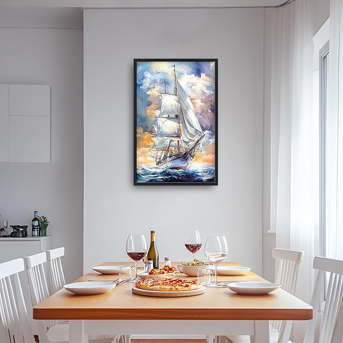 Lovira Nautical Sailboat Large Wall Art Sailing Ocean Coastal Canvas Wall Decor Seascape Pictures Prints Painting Framed Vertical Artwork for Living Room Bedroom Bathroom Kitchen Office 24"x36"