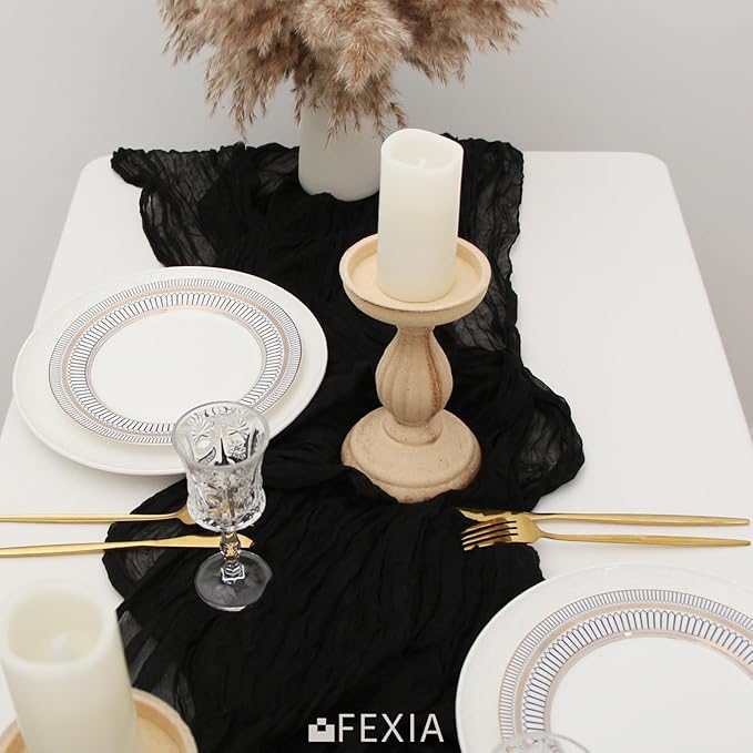 FEXIA 3 Pack Black Table Runner 35x120 Inches for Gothic Baby Shower Decoration Gauze Rustic Table Runner for Wedding Party First Communion Centerpiece Engagement Bridal Shower Boho Decor