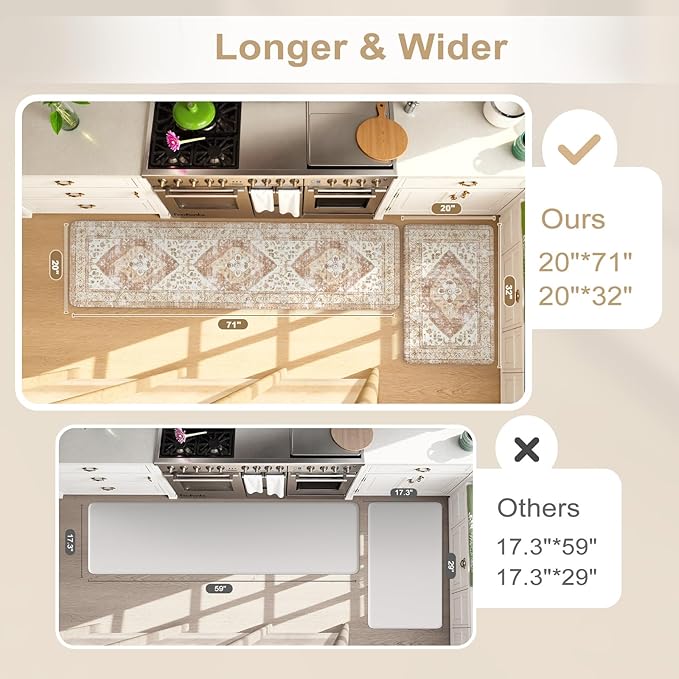 KIMODE Anti Fatigue Kitchen Mats for Floor, Farmhouse Kitchen Rugs Sets of 2, Cushioned Kitchen Floor Mats, Comfort Standing Mats for Sink Laundry Office Desk Khaki 20"x71"+20"x32"