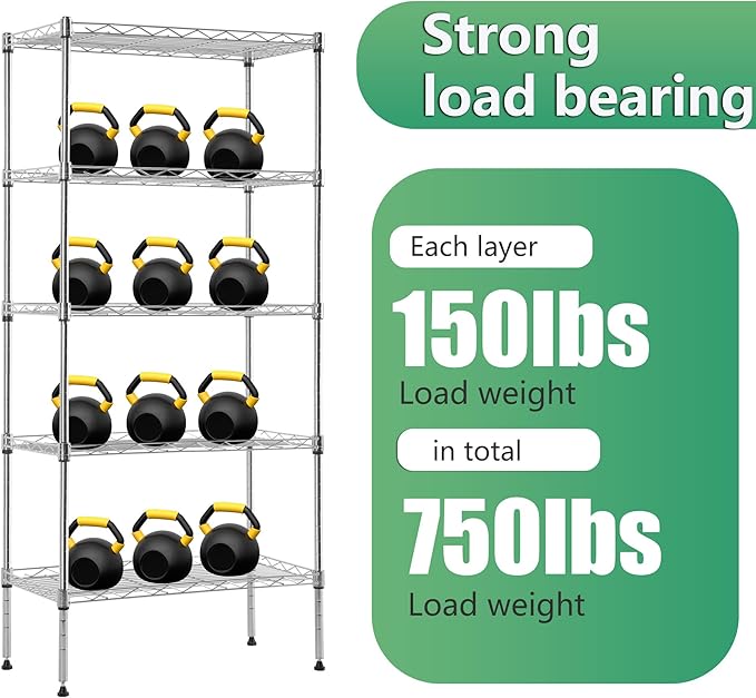 BestOffice | 5-Tier Wire Storage Shelves | 22x12x48 | Chrome | with Adjustable Racks | Heavy-Duty Metal Shelf, Holds Upto 750 lbs | No-Tool Assembly | Ideal for Home & Garage Shelving