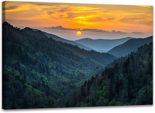 SKASNFAI Forest Sunrise Wall Art Decor Great Smoky Mountains Photo Prints National Park Landscape Canvas Painting Artwork Framed for Bedroom Living Room (20x30 inch)