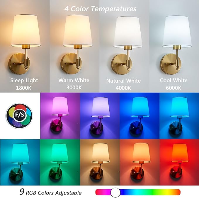 Rechargeable Wall Sconces Set of 2, Brushed Gold Cordless Battery Operated Sconce with Dimmable LED Bulb and Remote, 13 Colors Wall Lights for Bedroom Living Room Hallway