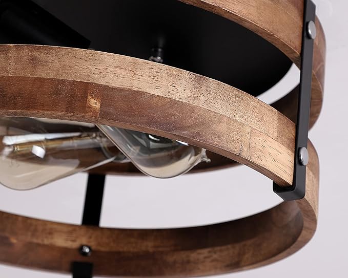 2-Light Rustic Flush Mount Light Fixture Oak Wood Round Drum Semi Flush Mount Ceiling Light for Hallway Bedroom Kitchen Entryway Farmhouse, Black