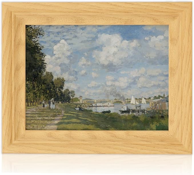 Brivoria Framed Canvas Wall Art Vintage Decor, Impressionist Riverside Landscape with Autumn Sky Sailboats and Tree-Lined Path for Desk Shelf Living Room Bedroom or Office Rustic Fall Display, 8"x10"